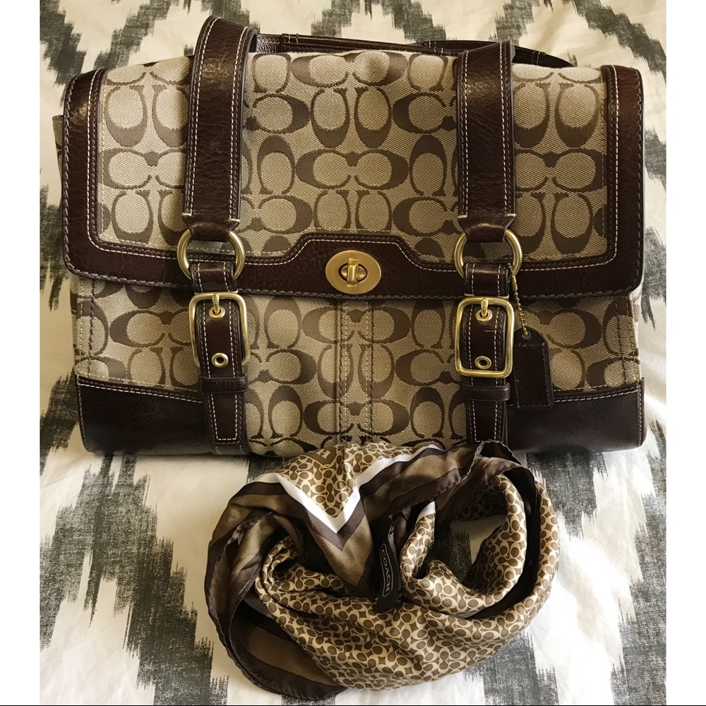 COACH Hampton Signature Brown Leather Flap Satchel